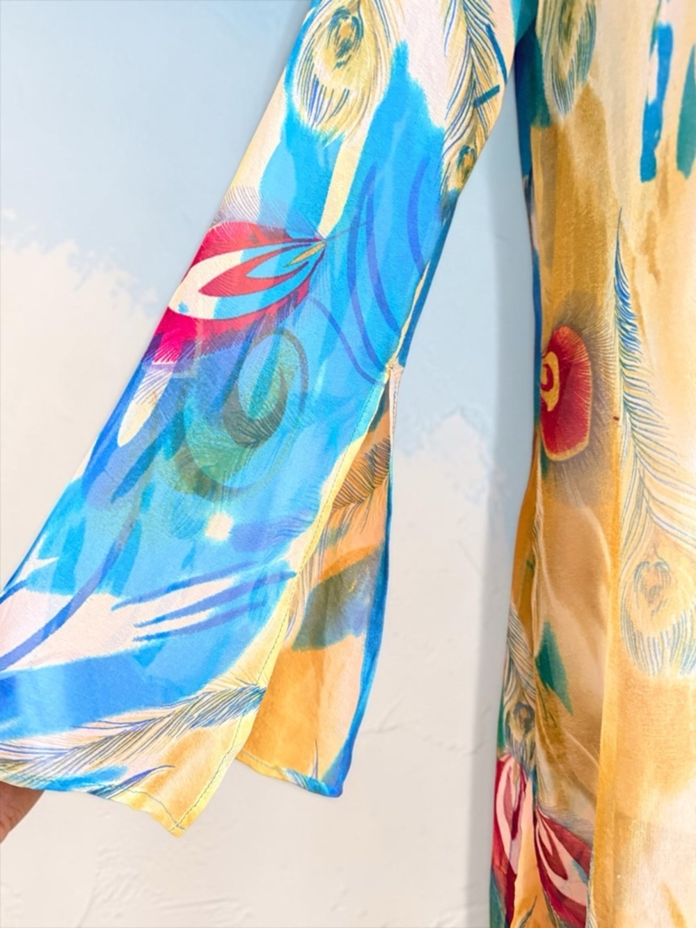 Vintage Anis A 100% Silk Tunic Dress L Beaded Feather Print Boho Resort Luxe - Picture 6 of 14